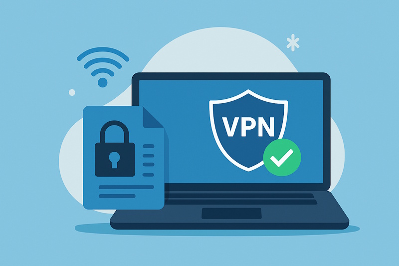 VPNの基礎知識を表すイラスト。ノートパソコンとVPNシールドアイコン、ネットワーク接続のイメージ。