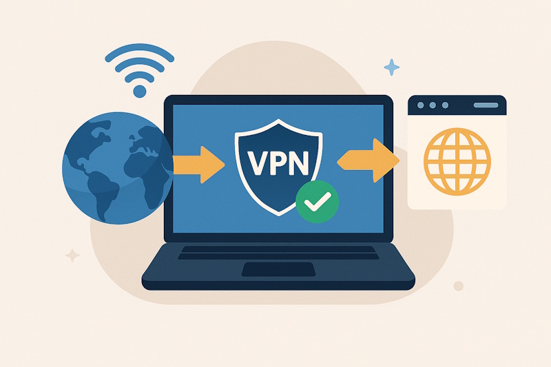 海外サイト閲覧やVPNの安全な仕組みをイメージしたイラスト。地球とインターネット接続を象徴するビジュアル。