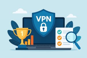 VPNランキングと選び方をイメージした、セキュリティとネットワーク接続を表すイラスト