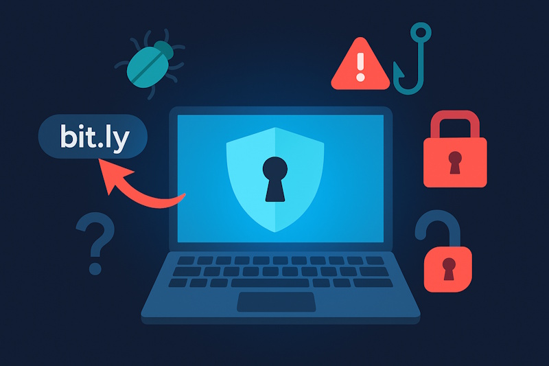 短縮URLのリスクを象徴するイラスト。インターネットのリンクアイコンと警告マークが描かれている。