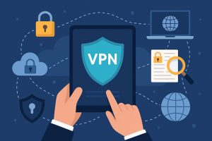 VPNの仕組みとリスクを象徴するデジタルセキュリティのイラスト