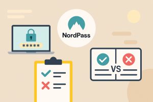 ノードパスのロゴ、ノートパソコン、パスワード入力画面、チェックリスト、比較アイコンが描かれたイラスト