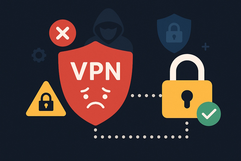 サイバーセキュリティとVPNの限界を象徴するイラスト。デジタル空間とシールドアイコンが描かれている。